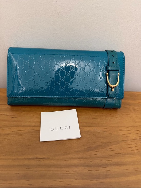 Gucci Handbags - Gucci Teal Patent Leather Embossed long wallet with Gold-Tone Buckle